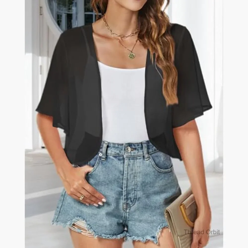 Chiffon Shrug Cardigan Short Sleeve Open Front Bolero for Evening Dressy - Picture 6 of 7